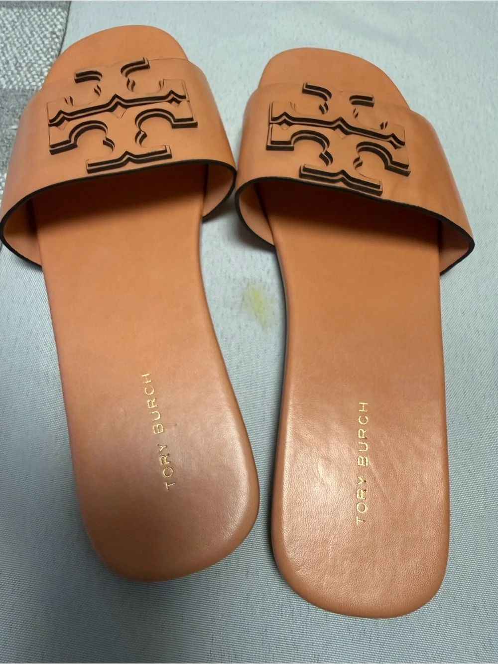 Tory Burch Cognac Leather Logo Slide Sandals